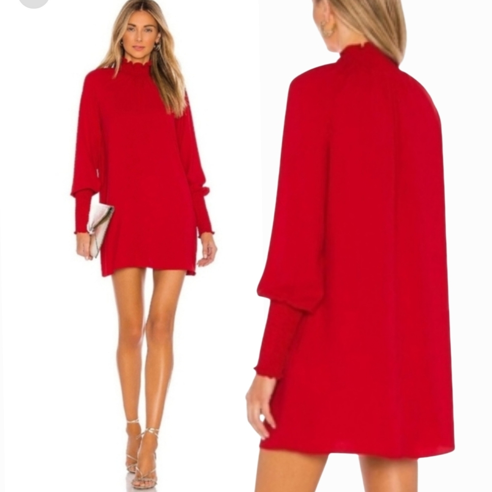 Revolve Amanda Uprichard Dress Naomi Smocked Red Mock Neck Long Sleeve Small